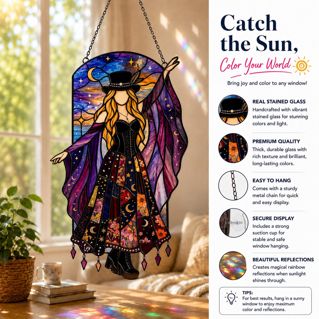 💃 70s Rock Witch🤘 Handmade Stained Glass Spinning Suncatcher