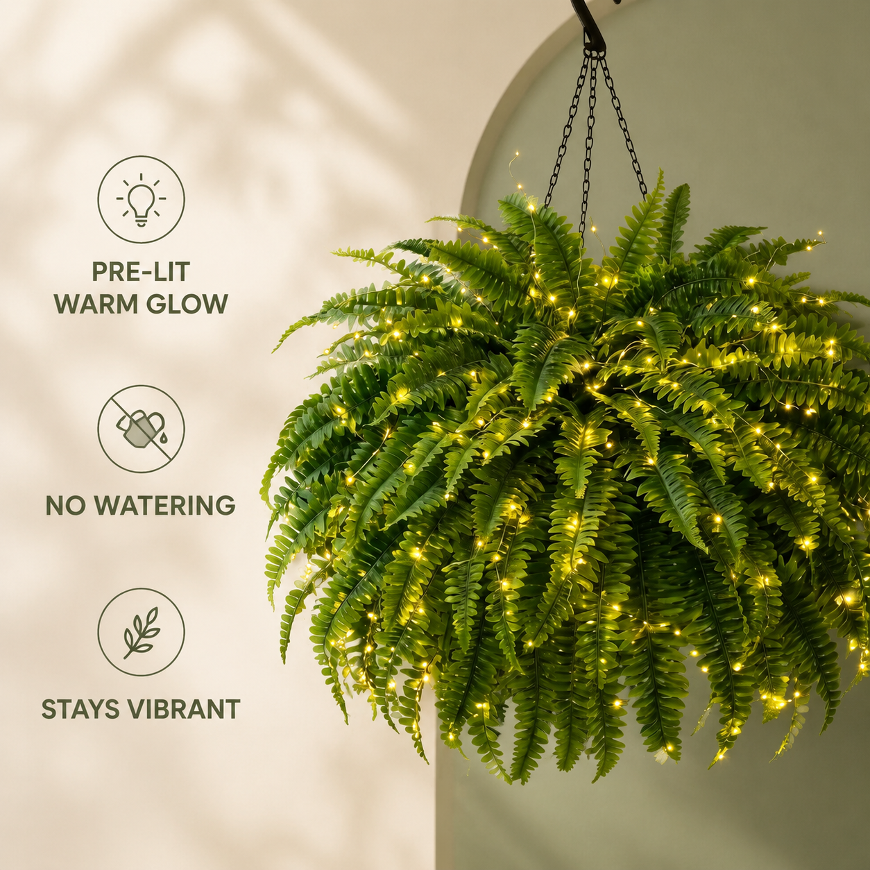 Oversized Pre-Lit Artificial Boston Ferns - No watering, No fading