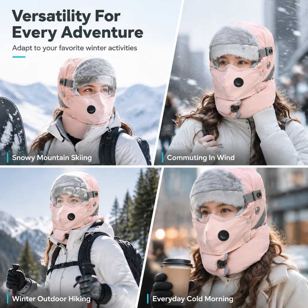 Winter thermal ushanka hat with detachable mask and goggles, product view 7
