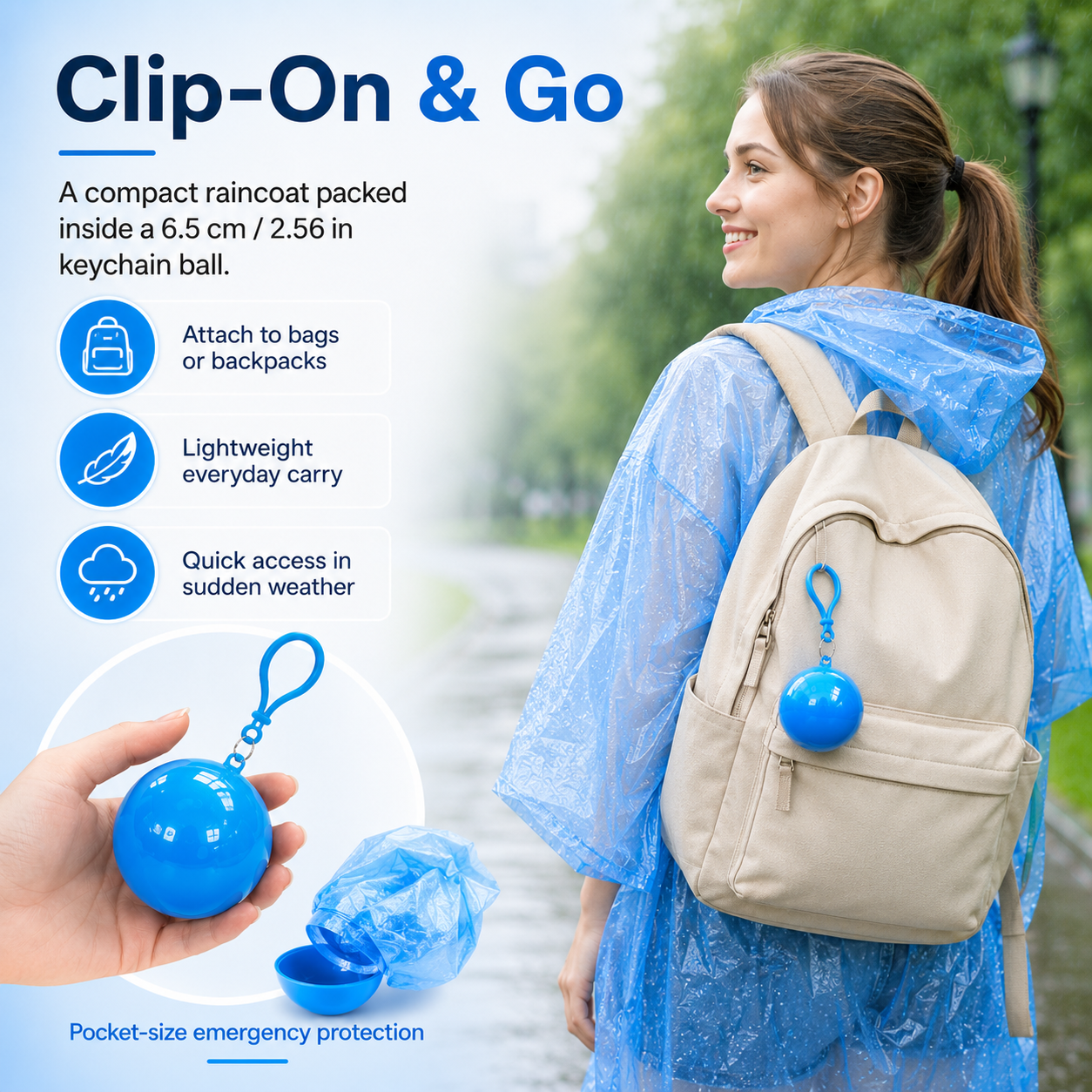 ☔ Portable Rain Poncho Ball Waterproof Hooded Raincoat Clip‑On Case