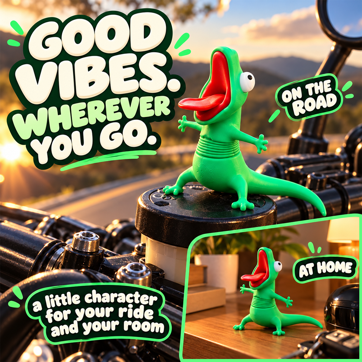 🦎 Funny Green Gecko Figurine – Playful Motorcycle & Desktop Decor