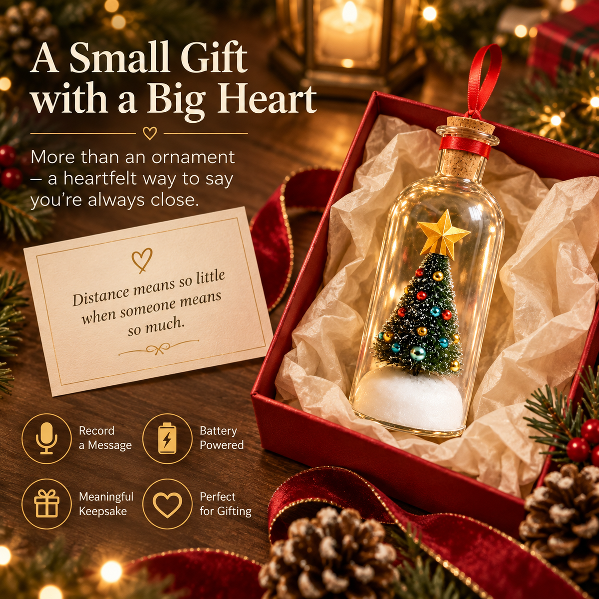 🎄 Recordable Glass Bottle Christmas Ornament, 8in Voice Recording Keepsake, Snowy Tree Scene