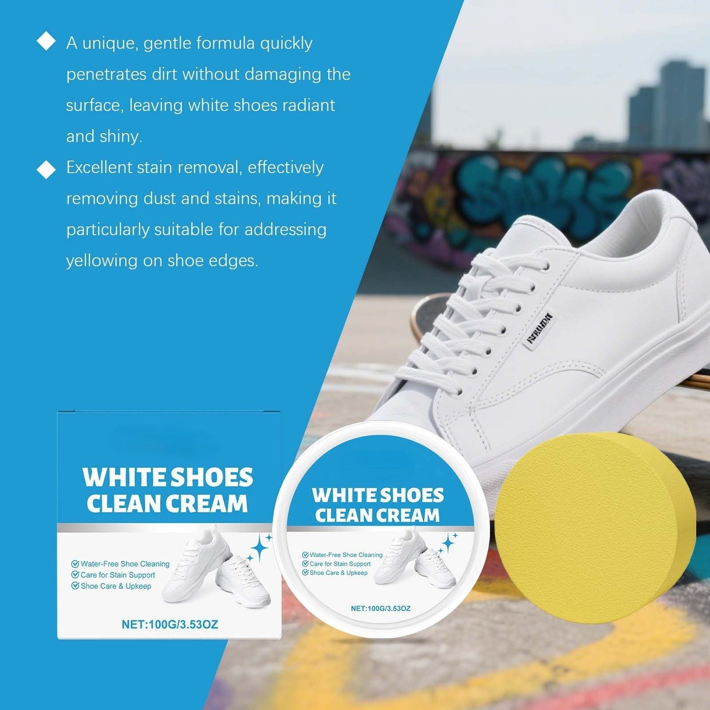 White Shoe Cleaner Cream  |   Multipurpose No-Wash Solid Comes with Sponge