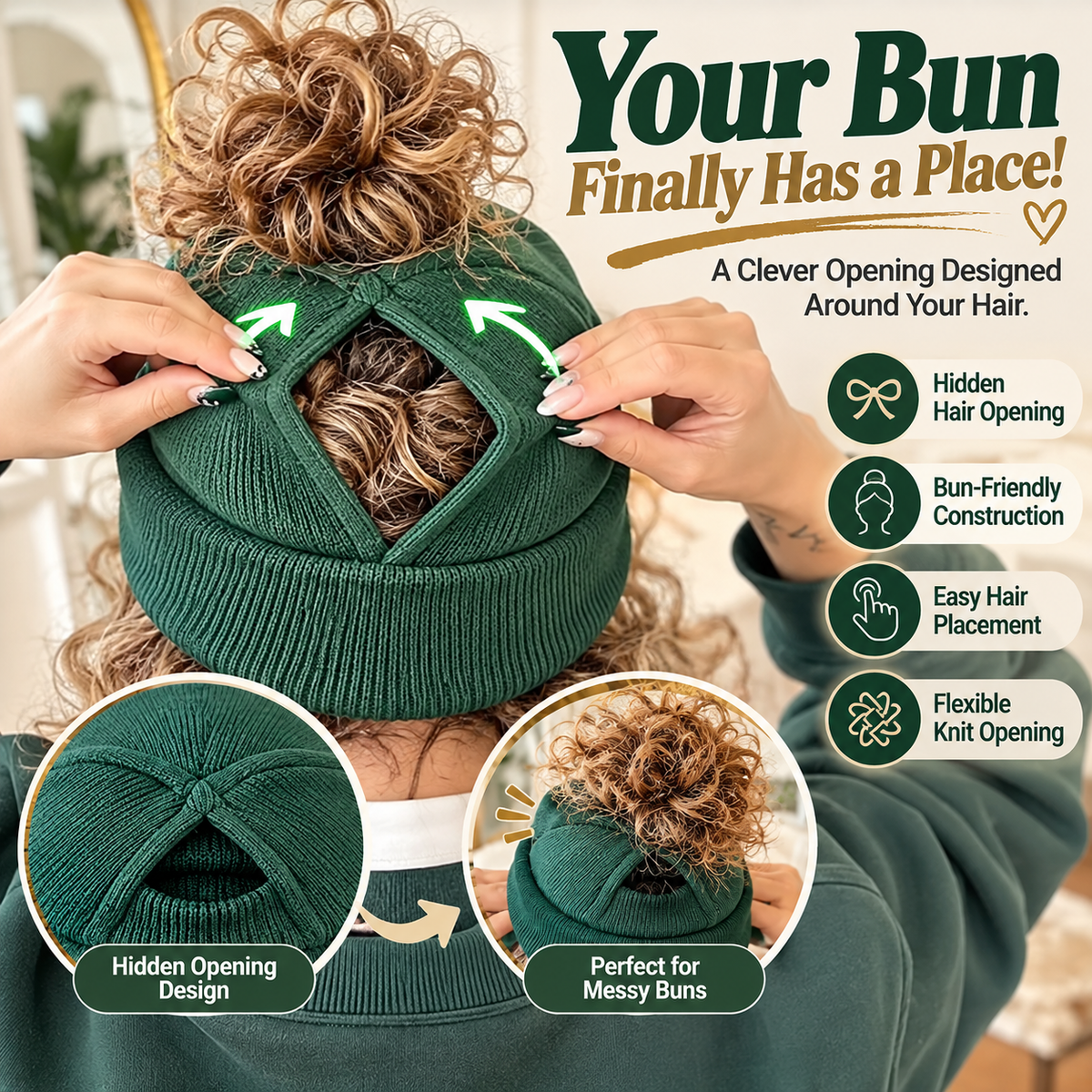 Messy Bun Beanie | Ribbed Knit Hat with Ponytail Opening, product image 3