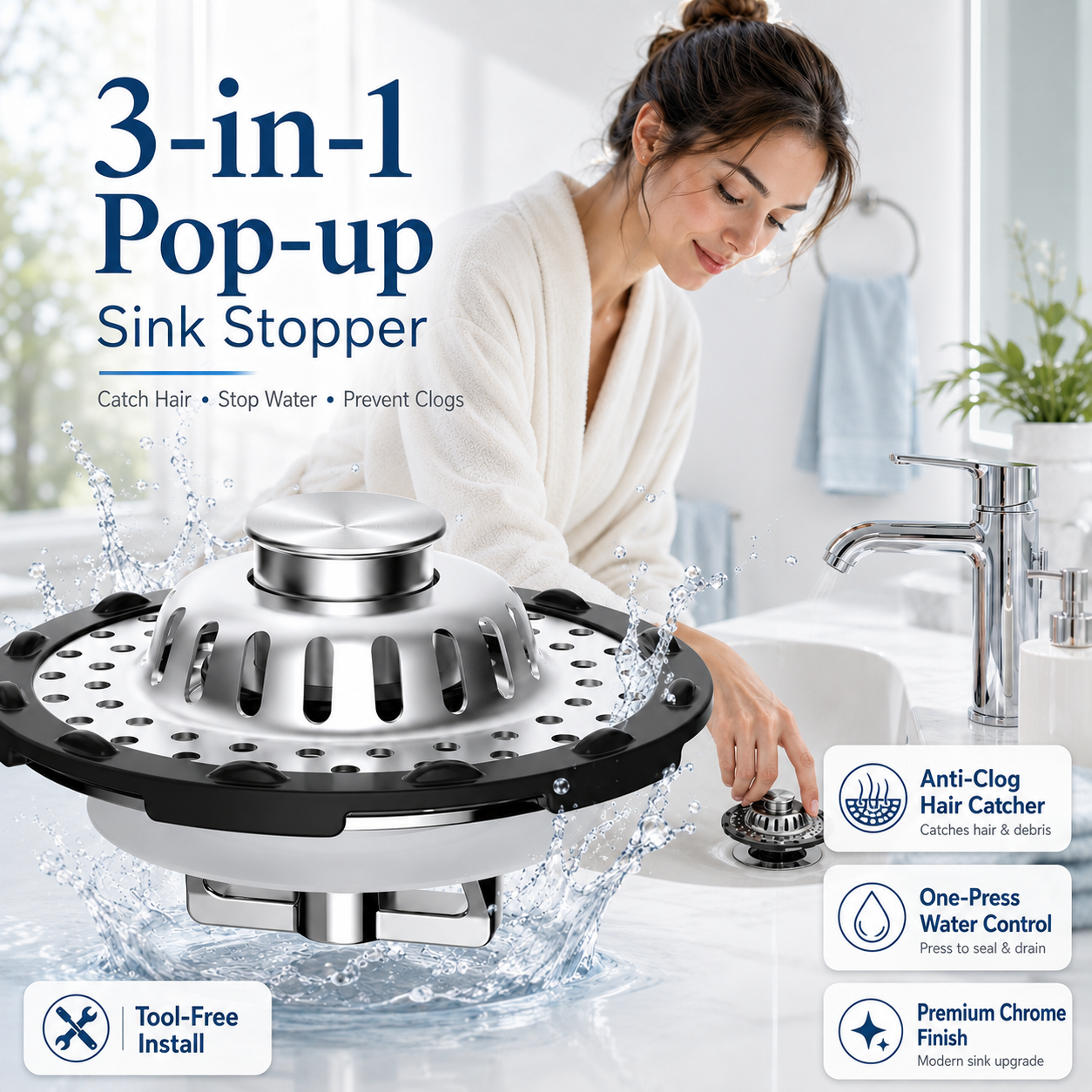 3-in-1 Pop-Up Sink Stopper – Hair Catcher, Drain Protector & Water Stopper