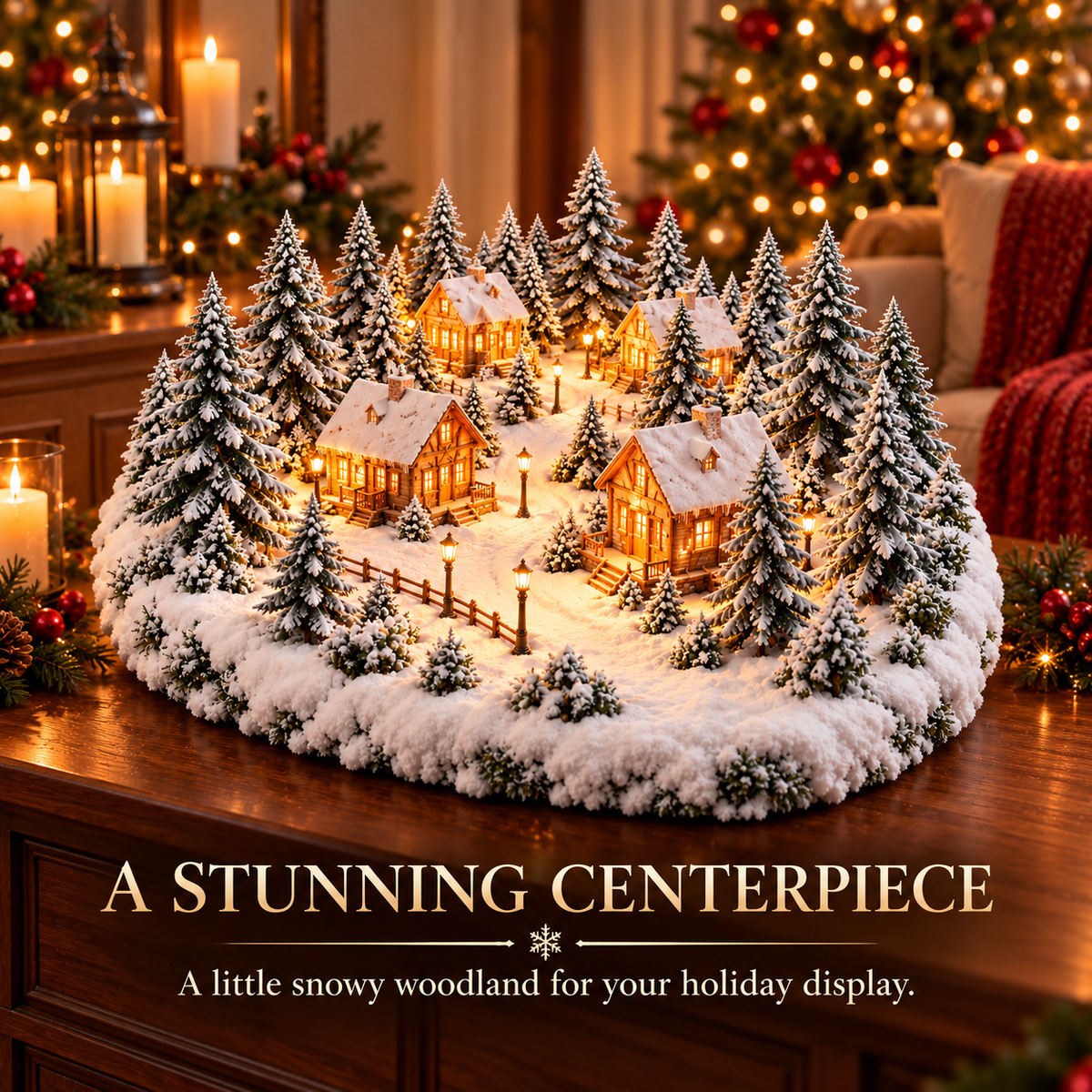 Lighted Snowy Cabin Christmas Village Centerpiece