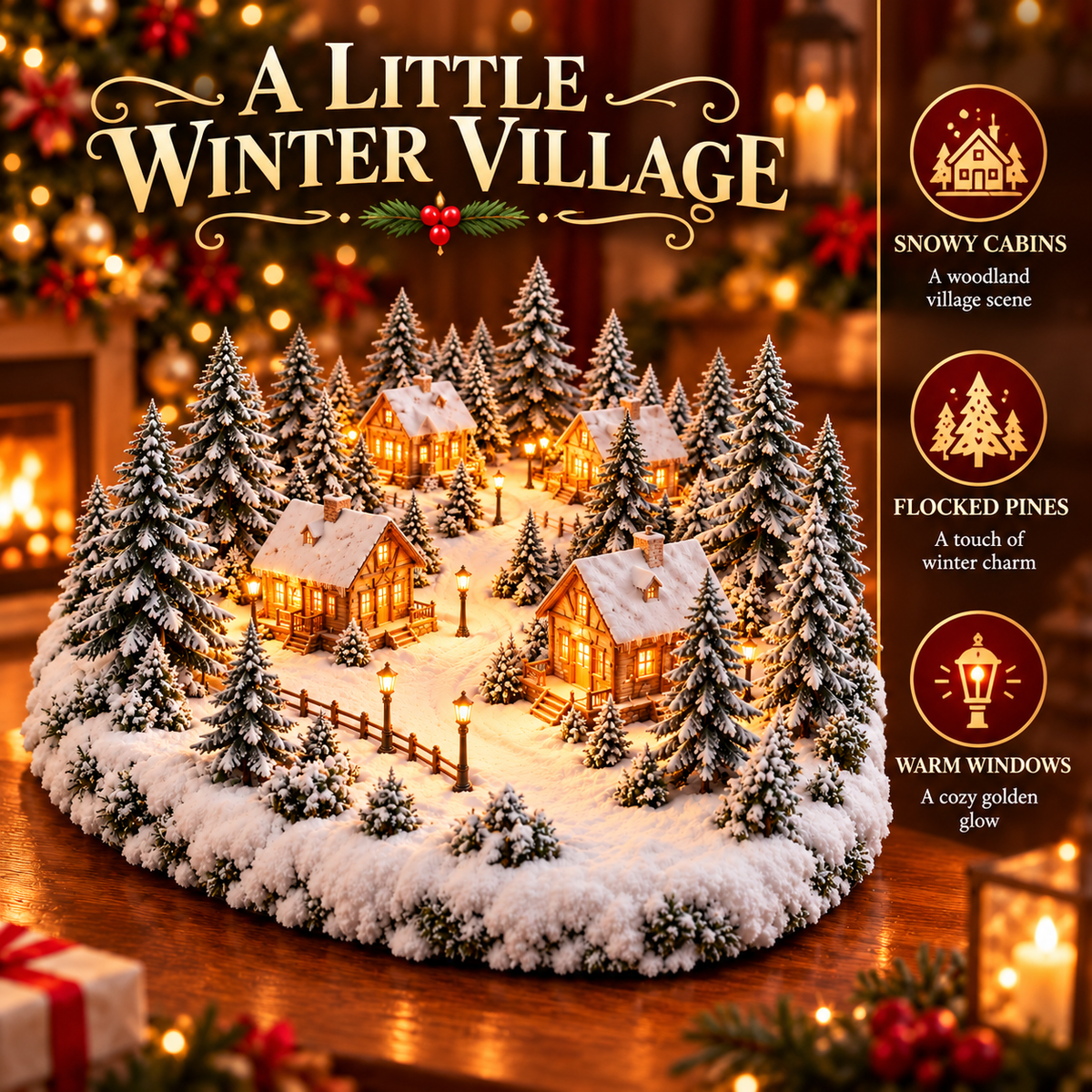 Lighted Snowy Cabin Christmas Village Centerpiece