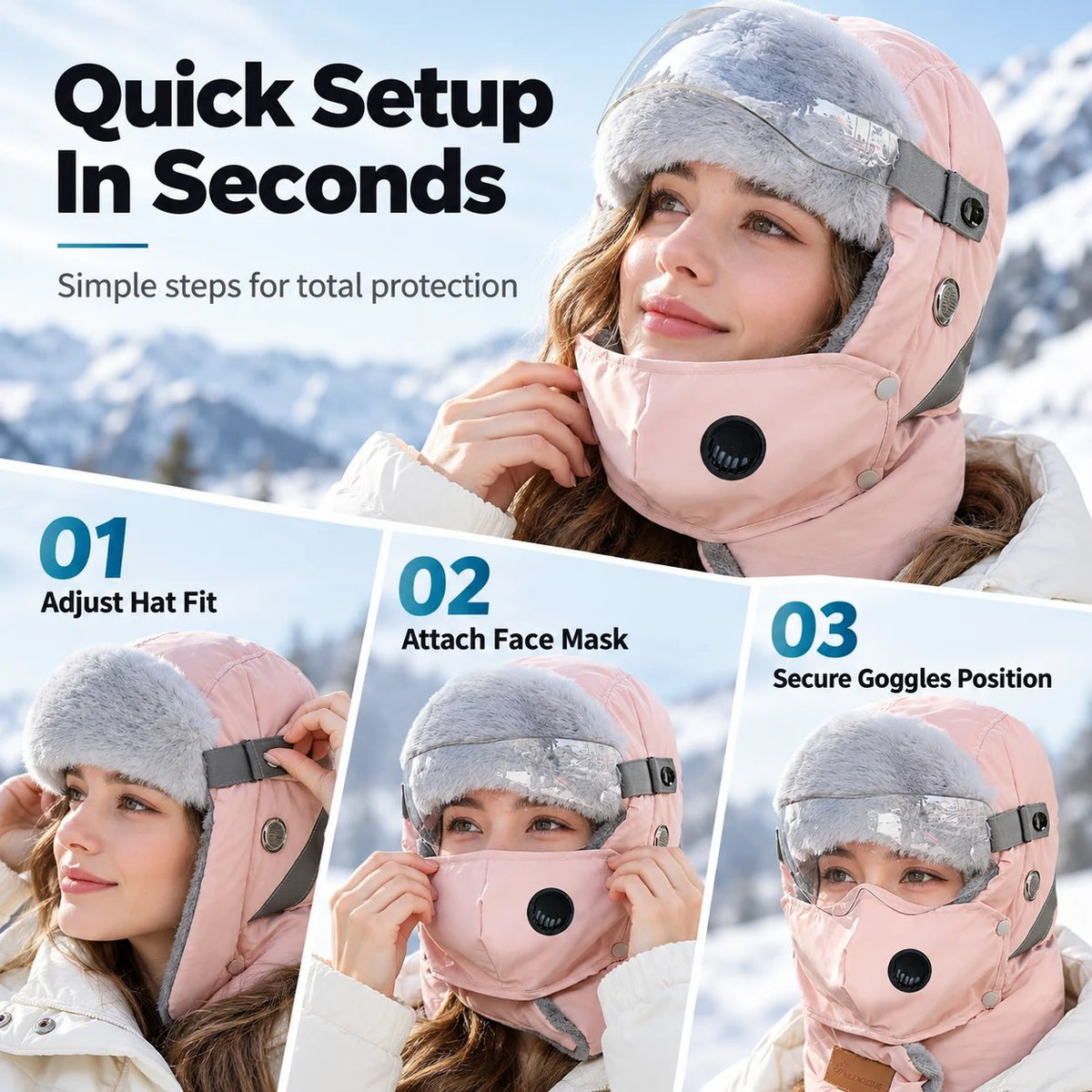 Winter thermal ushanka hat with detachable mask and goggles, product view 10