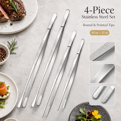 Fine Long Tweezer Tongs Professional Black Set,12'' and 10'' Stainless Steel