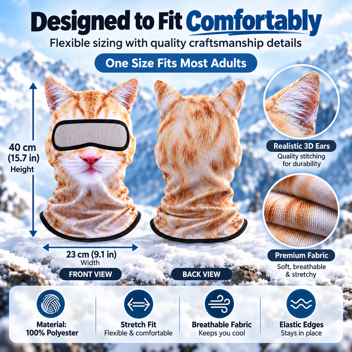 3D Cat Ski Mask with Ears – Funny Windproof Balaclava for Skiing & Festivals