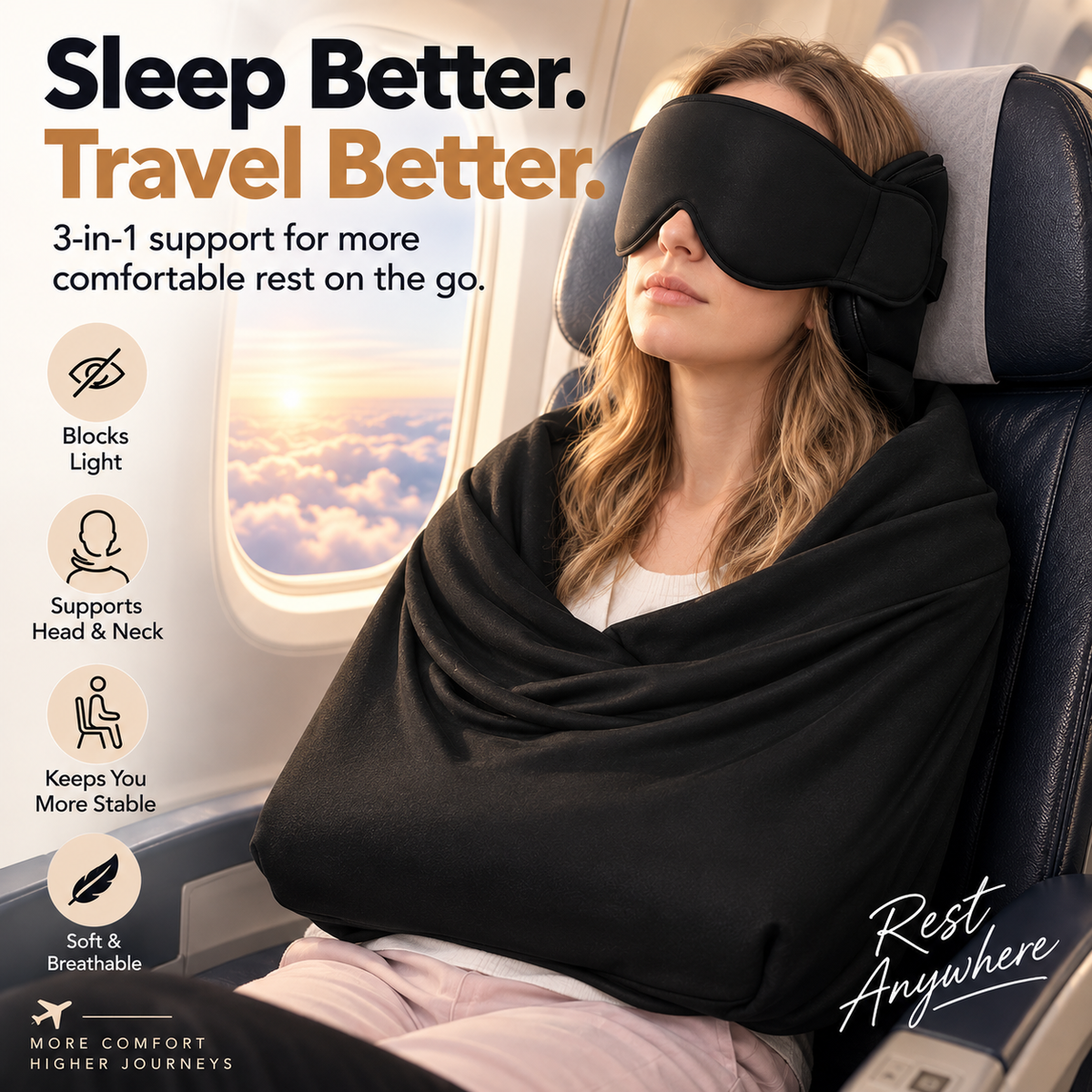 3-in-1 Travel Sleep Support – Blackout Eye Mask & Head Support