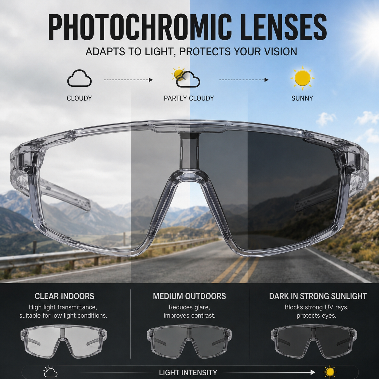 UV400 photochromic polarized safety glasses wraparound eye protection