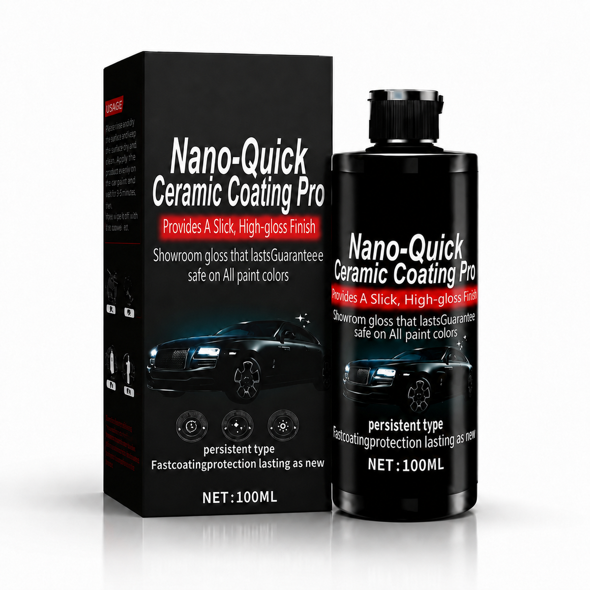 Nano-Quick ceramic coating bottle and box displayed beside a glossy vehicle