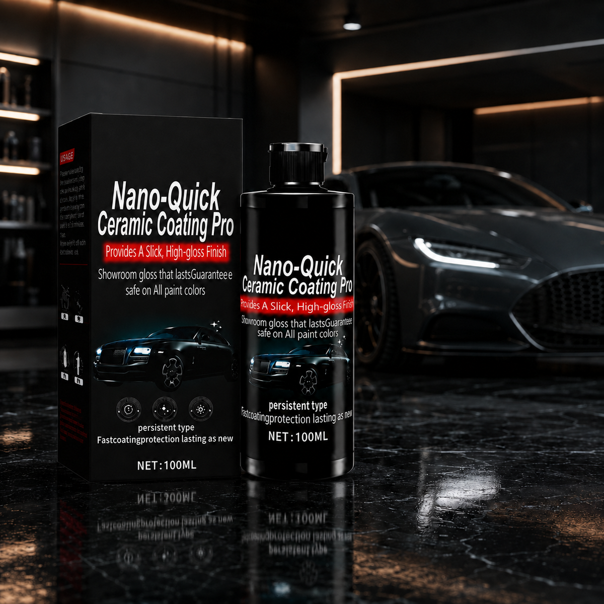 Nano-Quick ceramic coating spray bottle and box in an automotive detailing setting