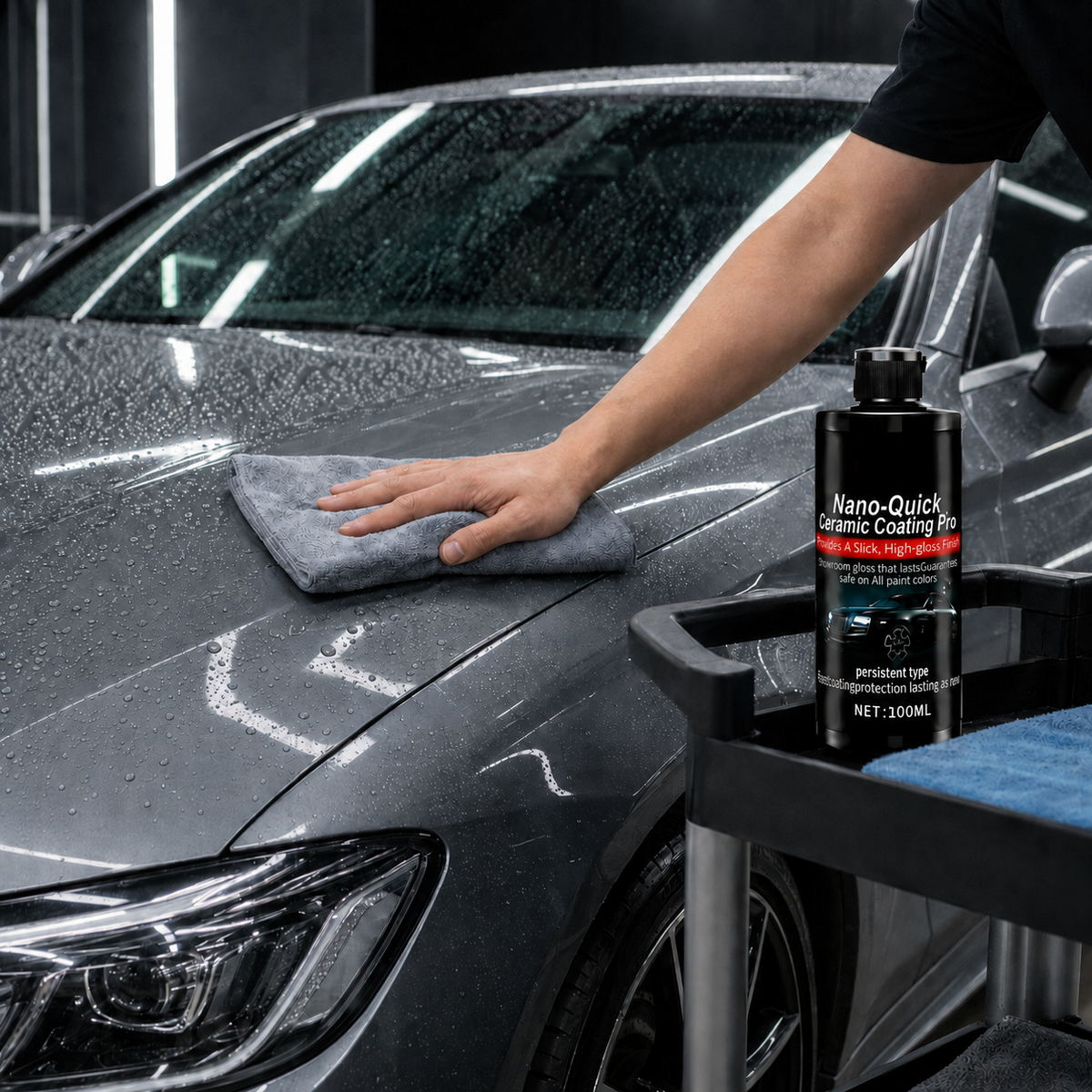Applying nano ceramic coating spray to a clean vehicle hood with a microfiber cloth