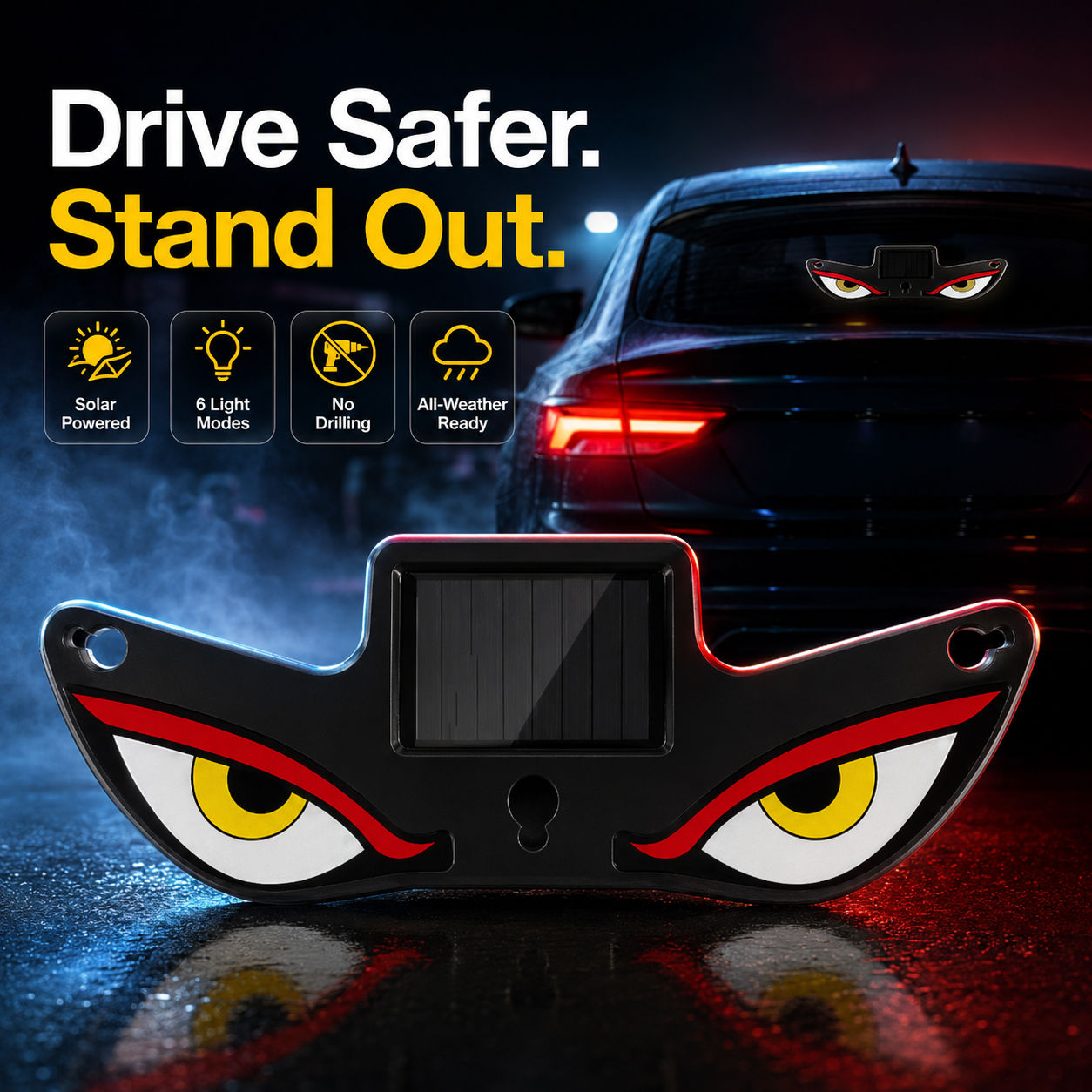 Dynamic LED Car Rear Window Display – Vampire Devil Eye Emoji Panel