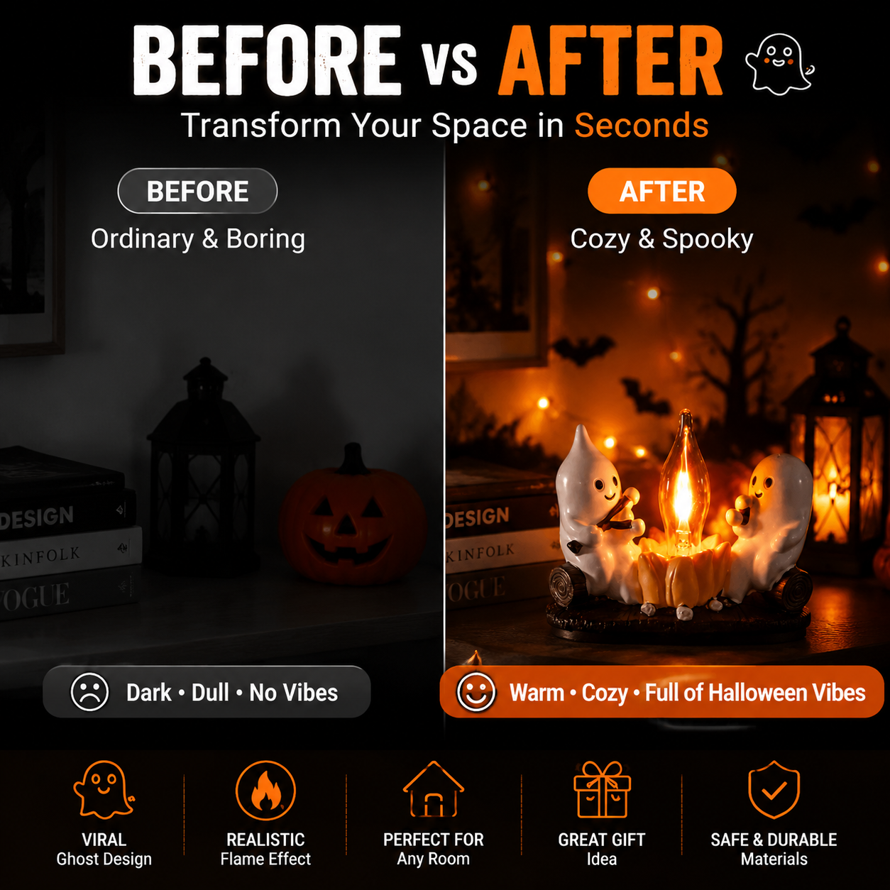 👻 Halloween Ghost Flame Night Light- LED Ambient Lamp