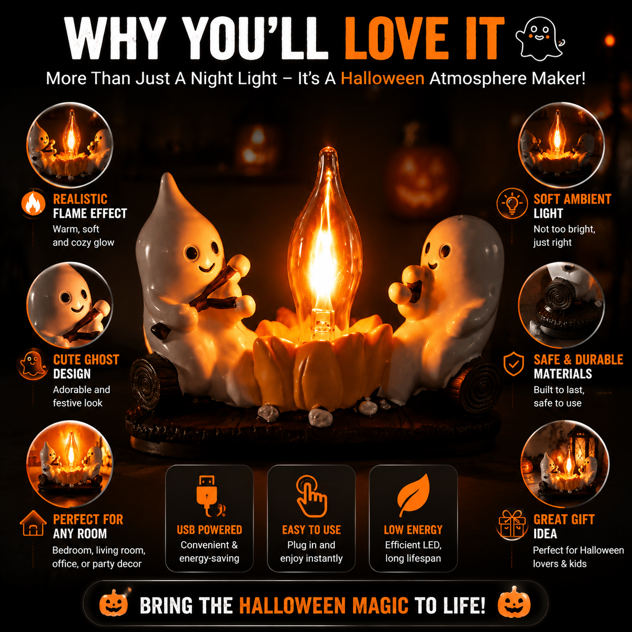 👻 Halloween Ghost Flame Night Light- LED Ambient Lamp