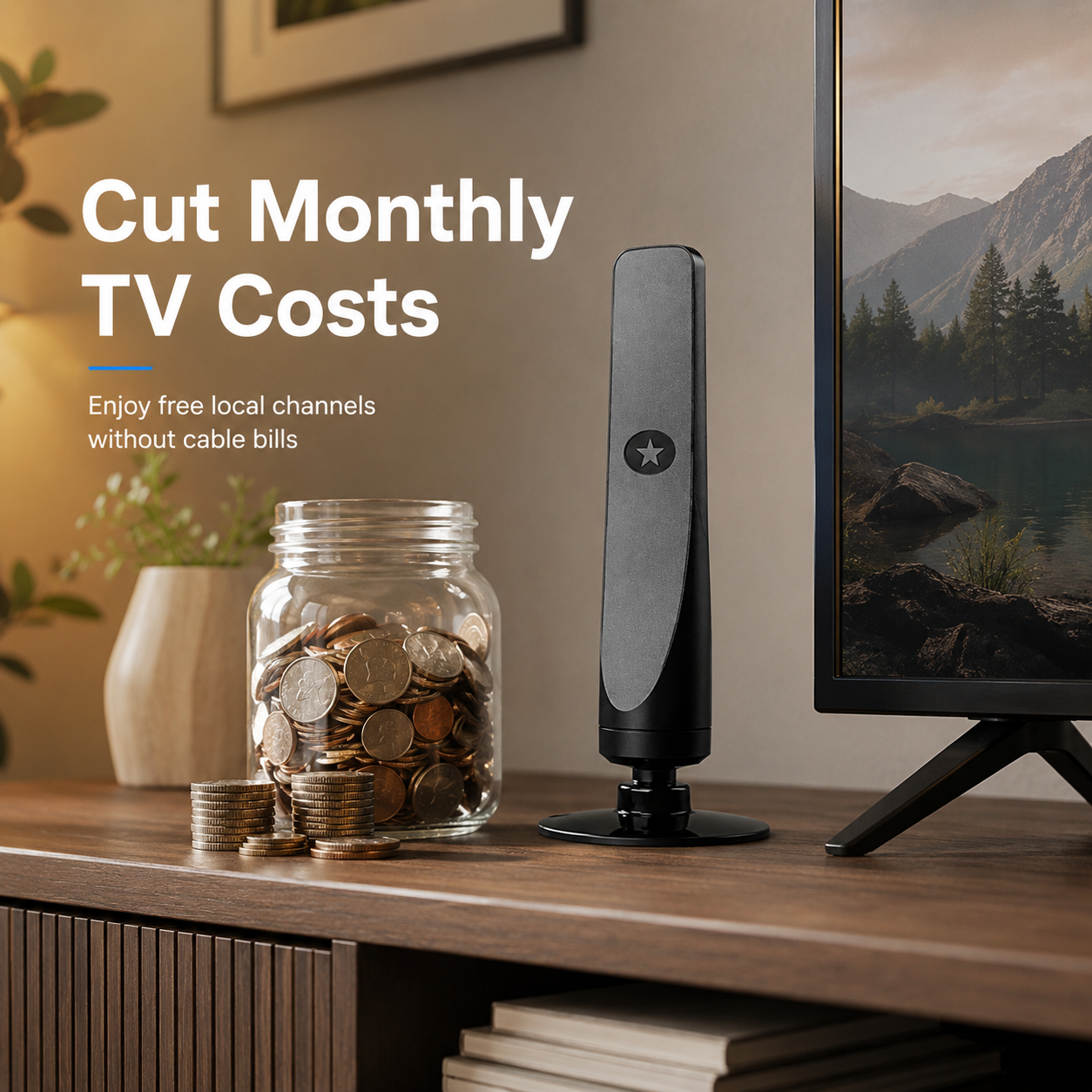 HD TV antenna beside television with savings concept
