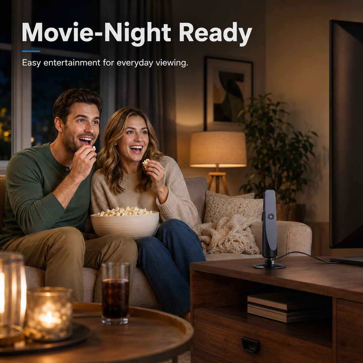 Couple watching television using indoor HDTV antenna