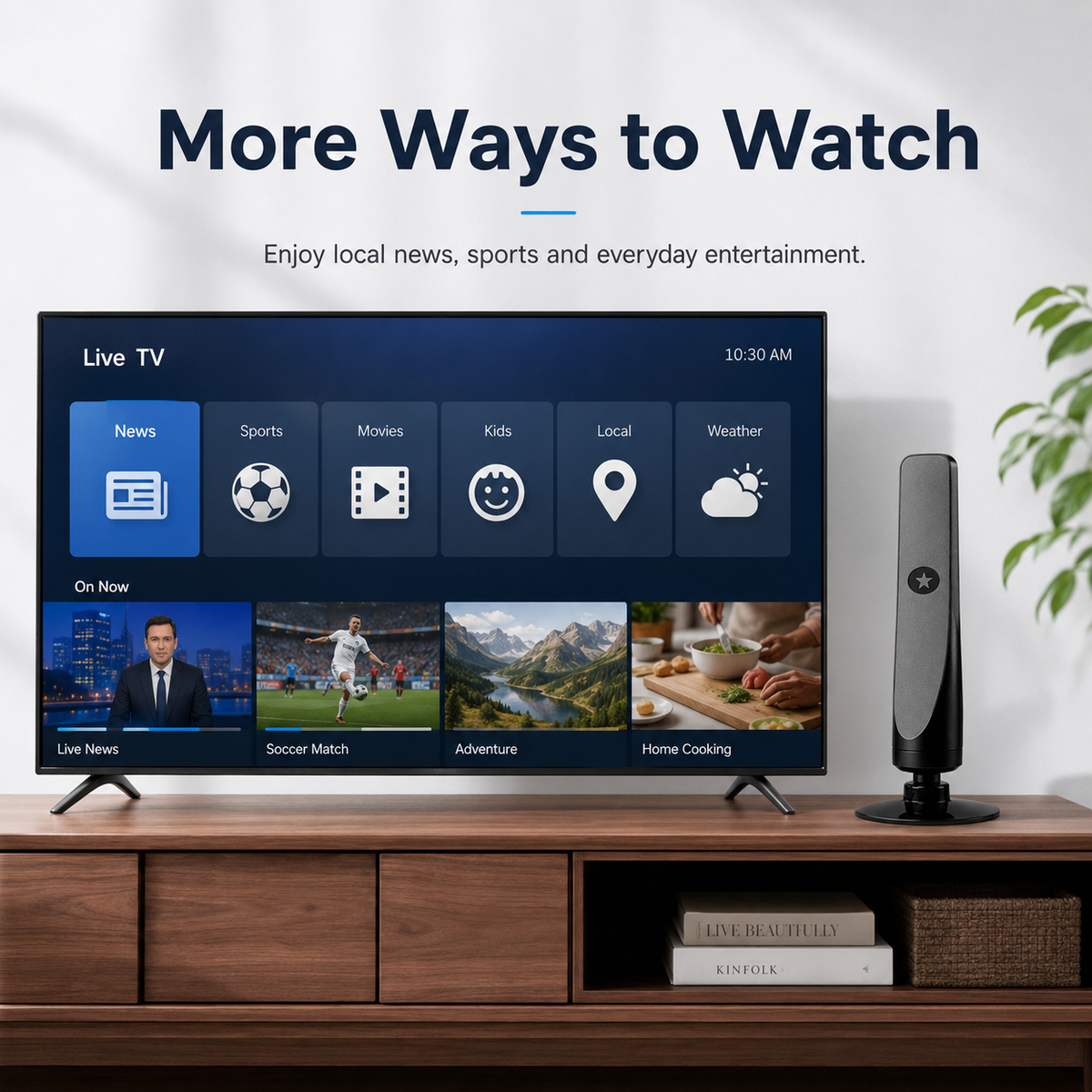 Television showing local news sports movies kids and weather channels with antenna