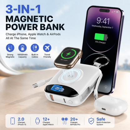 🔋 3-in-1 Magnetic Power Bank 10000mAh – Portable Charger for iPhone, Apple Watch & AirPods