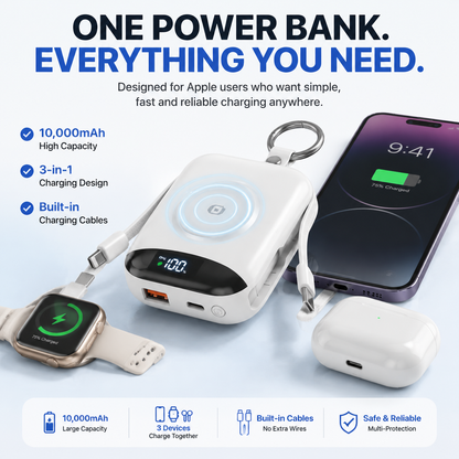 🔋 3-in-1 Magnetic Power Bank 10000mAh – Portable Charger for iPhone, Apple Watch & AirPods