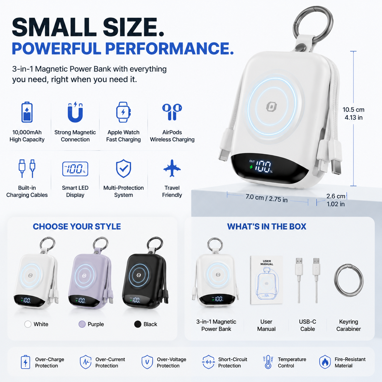 🔋 3-in-1 Magnetic Power Bank 10000mAh – Portable Charger for iPhone, Apple Watch & AirPods