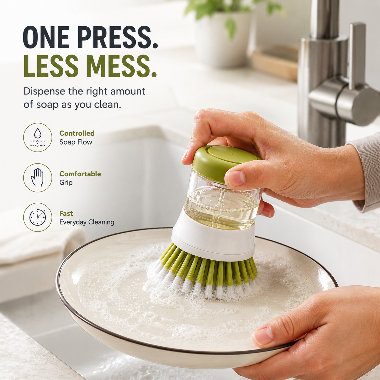 🧼 Press-to-Dispense Dish Brush with Storage Base