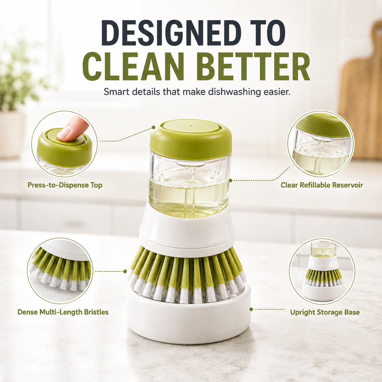 🧼 Press-to-Dispense Dish Brush with Storage Base