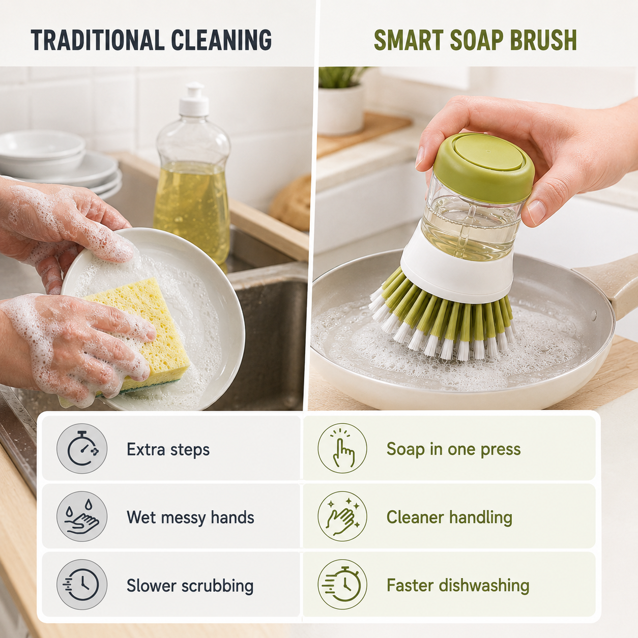 🧼 Press-to-Dispense Dish Brush with Storage Base