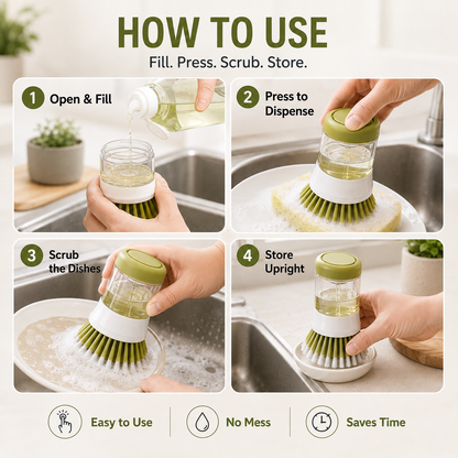 🧼 Press-to-Dispense Dish Brush with Storage Base