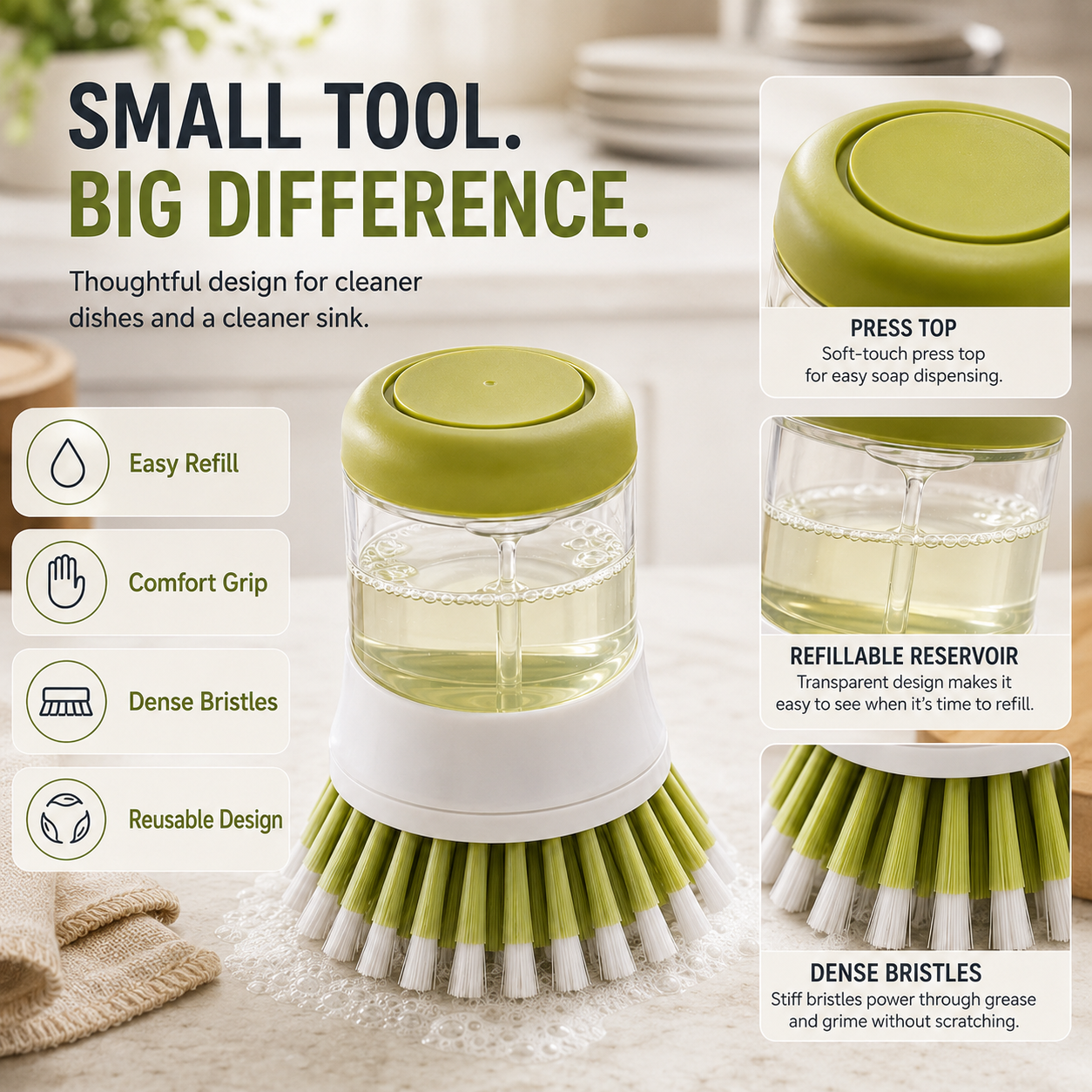 🧼 Press-to-Dispense Dish Brush with Storage Base