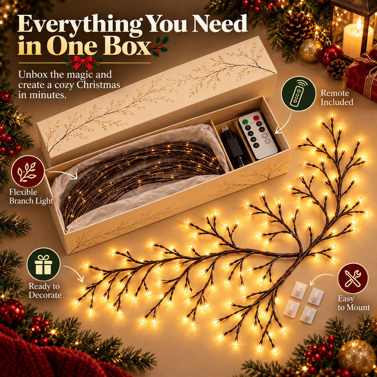 ✨ Flexible LED Branch Lights | Remote-Controlled Holiday Wall Decor