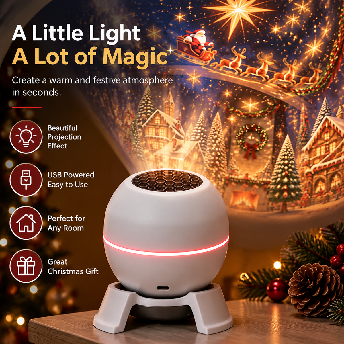 🎄 Magical Christmas Projection Night Light