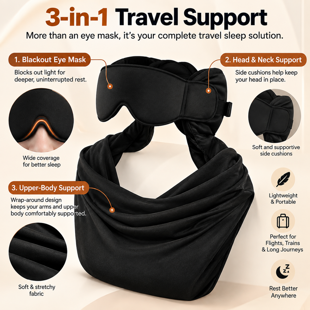3-in-1 Travel Sleep Support – Blackout Eye Mask & Head Support