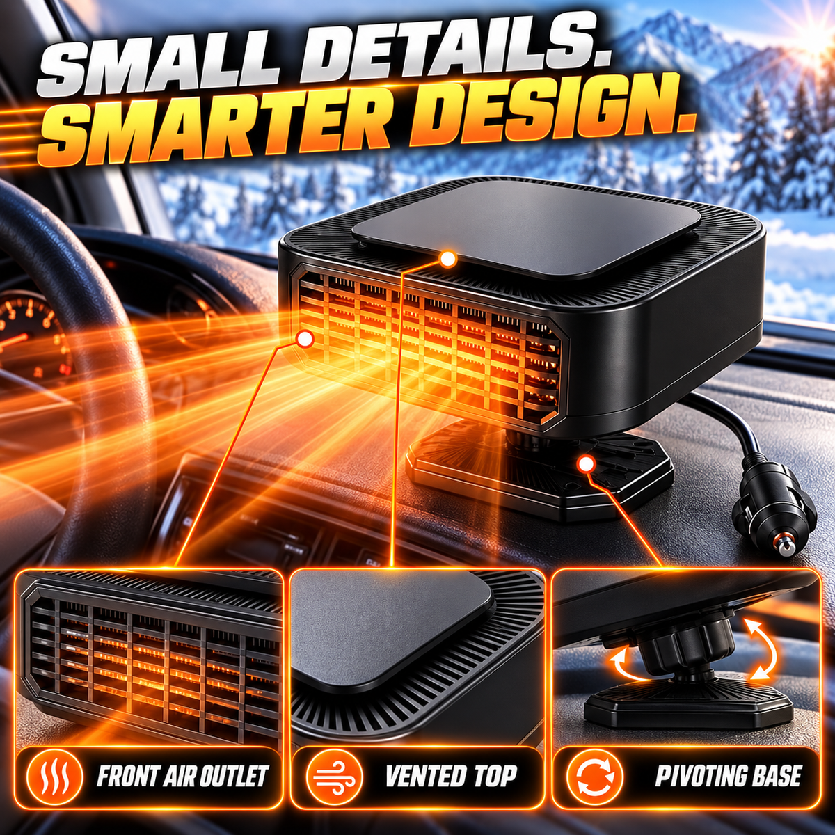 Portable Car Heater Defroster with 360-Degree Rotating Base