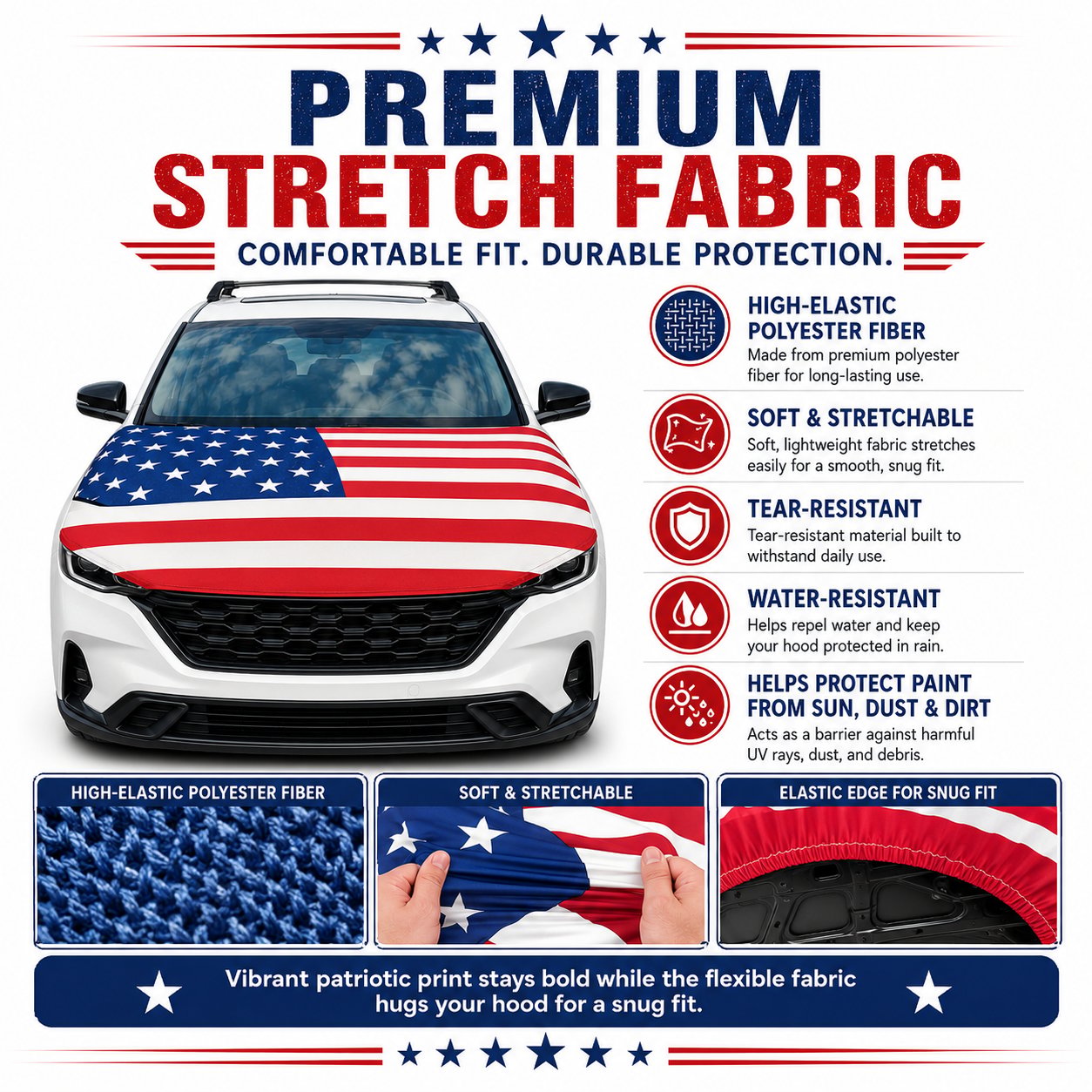 🇺🇸 Universal American Hood Flag Cover - Fits Most Cars, SUVs & Pickups