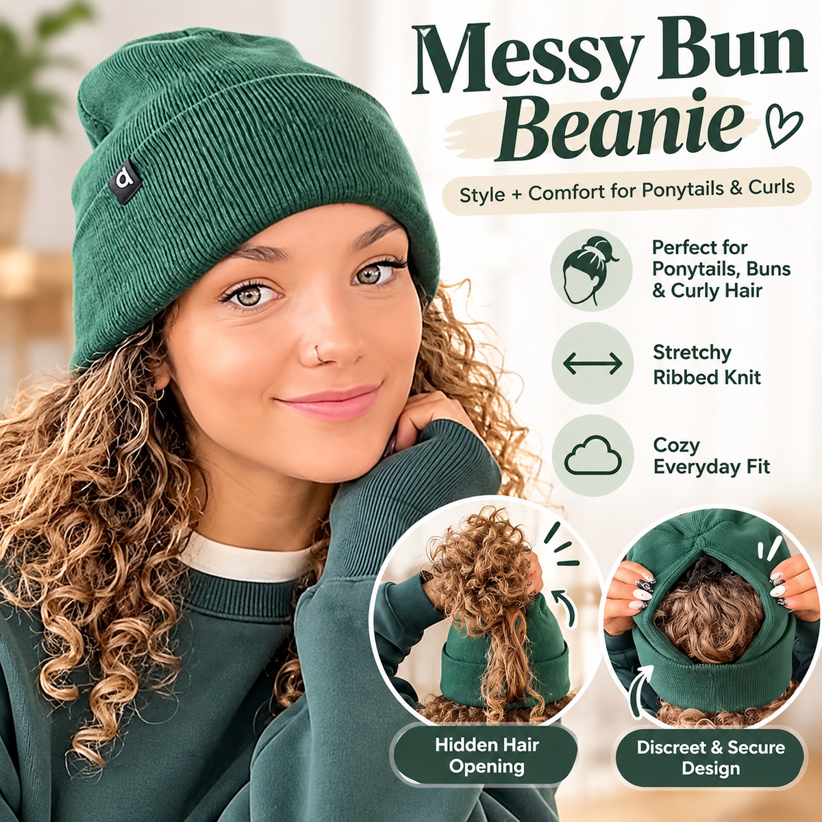 Messy Bun Beanie | Ribbed Knit Hat with Ponytail Opening, product image 1