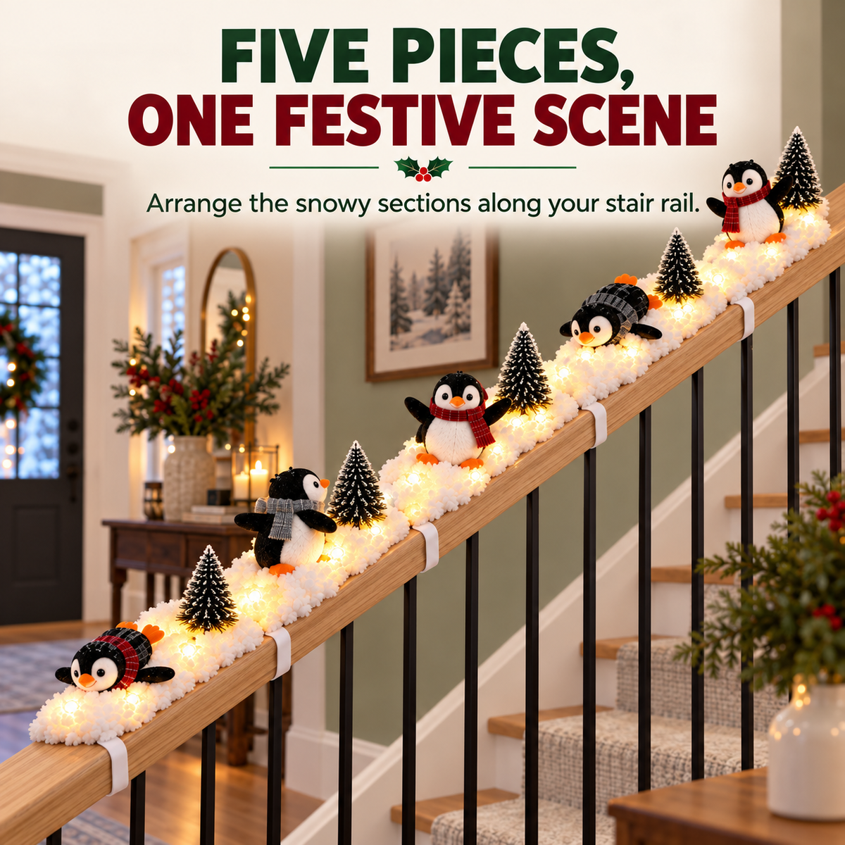 Playful Penguin Snowy Stair Railing Decor