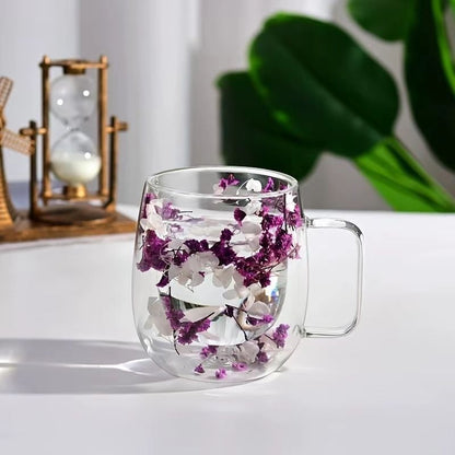 🎄🌸Transparent Double Glass Flower Tea Cup 350 ml