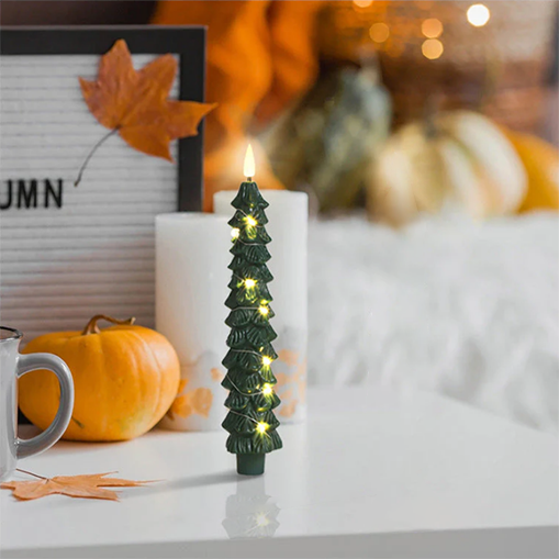 LED Green Tree Taper Candle Stick Set