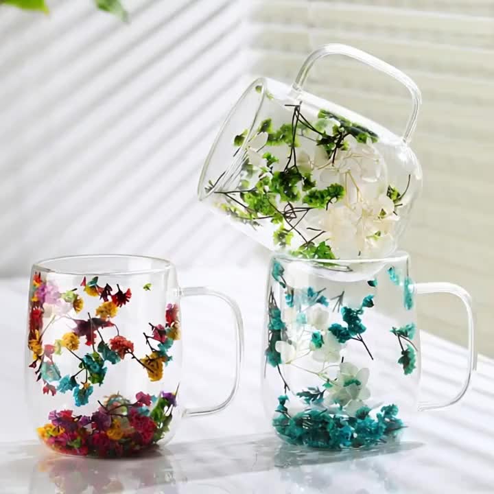 🎄🌸Transparent Double Glass Flower Tea Cup 350 ml