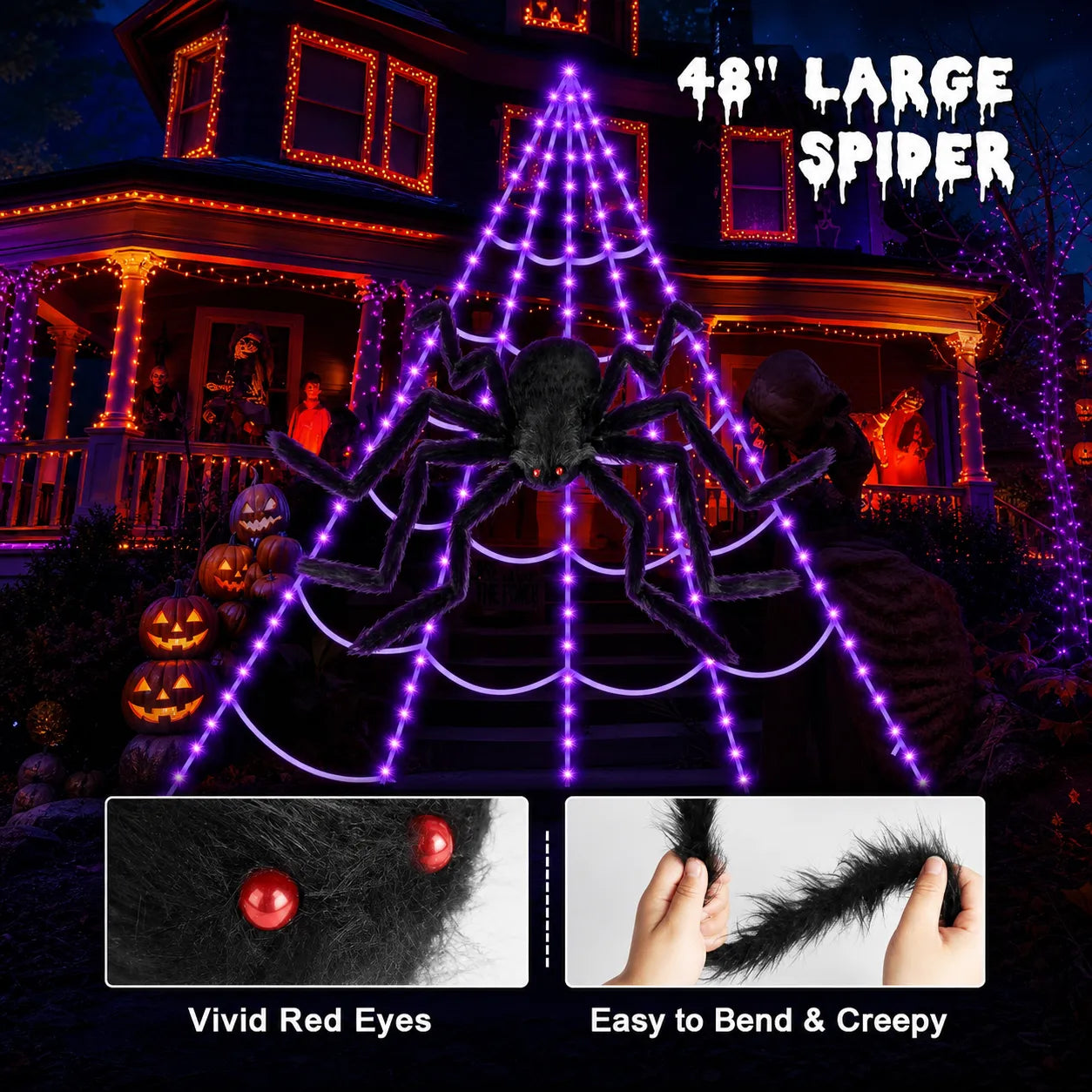 250-LED Purple & Orange Spider Web Lights with Giant Furry Spider