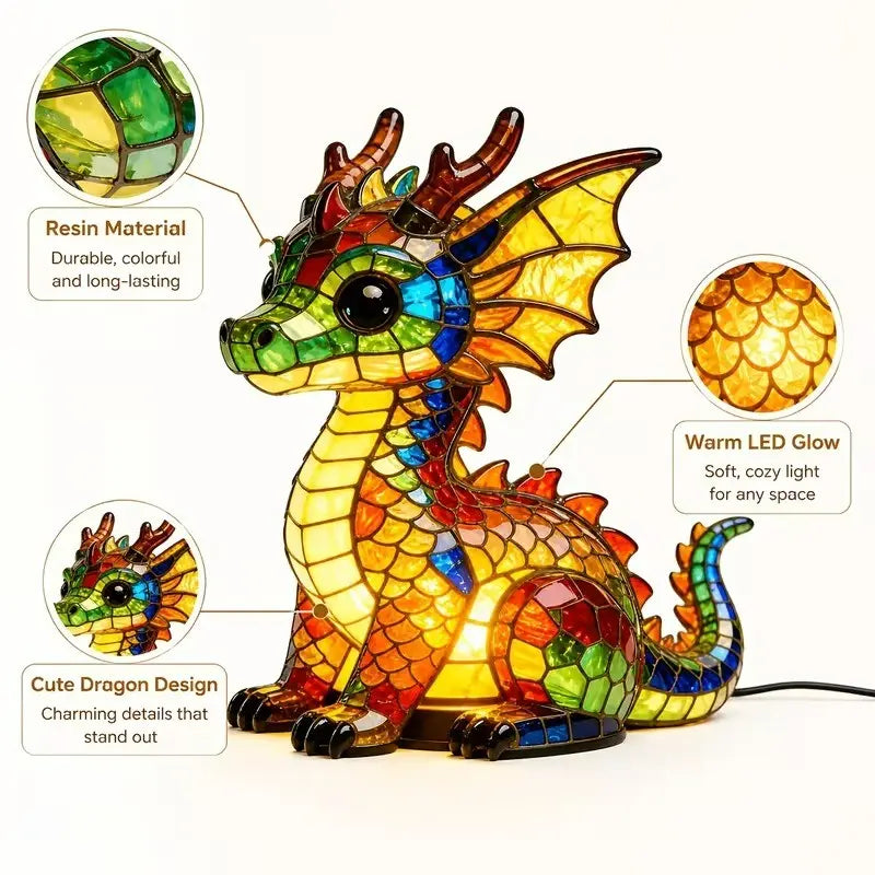 Lucky Dragon LED Night Light – Colorful Stained Glass-Style Resin Lamp, USB-Powered Fantasy Decor & Gift