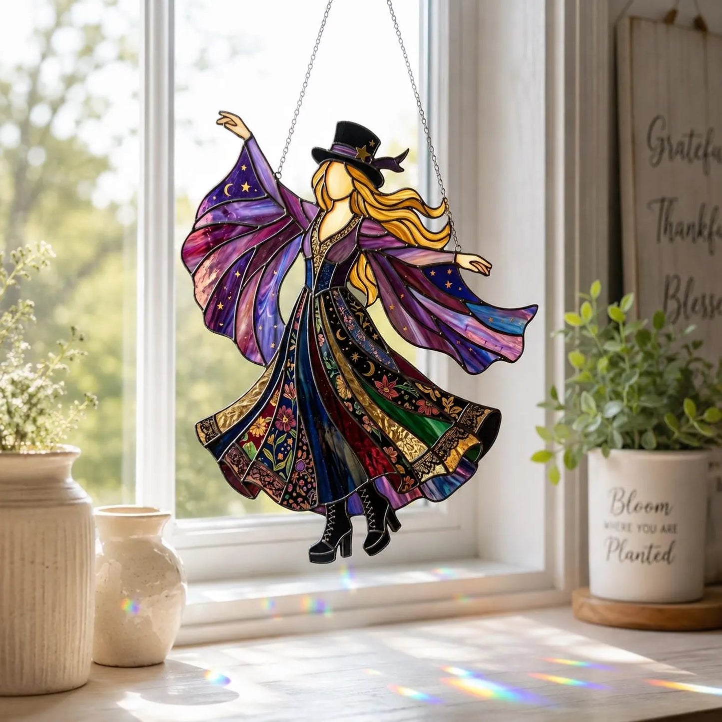 💃 70s Rock Witch🤘 Handmade Stained Glass Spinning Suncatcher