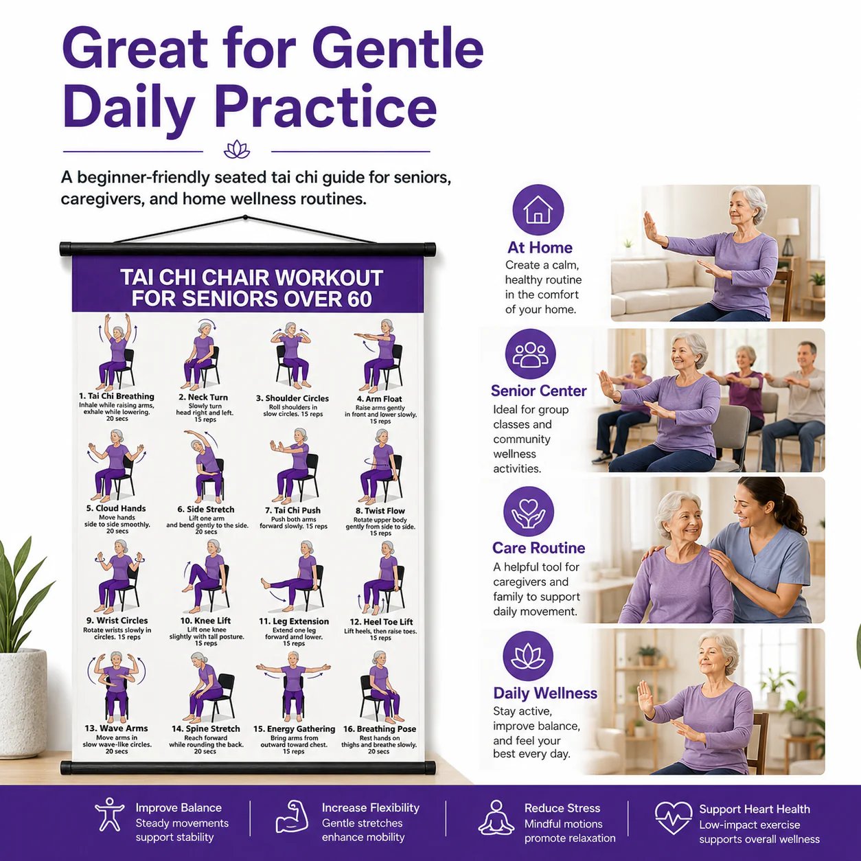 Tai Chi Chair Workout Chart for Seniors (16 x 24 inches)