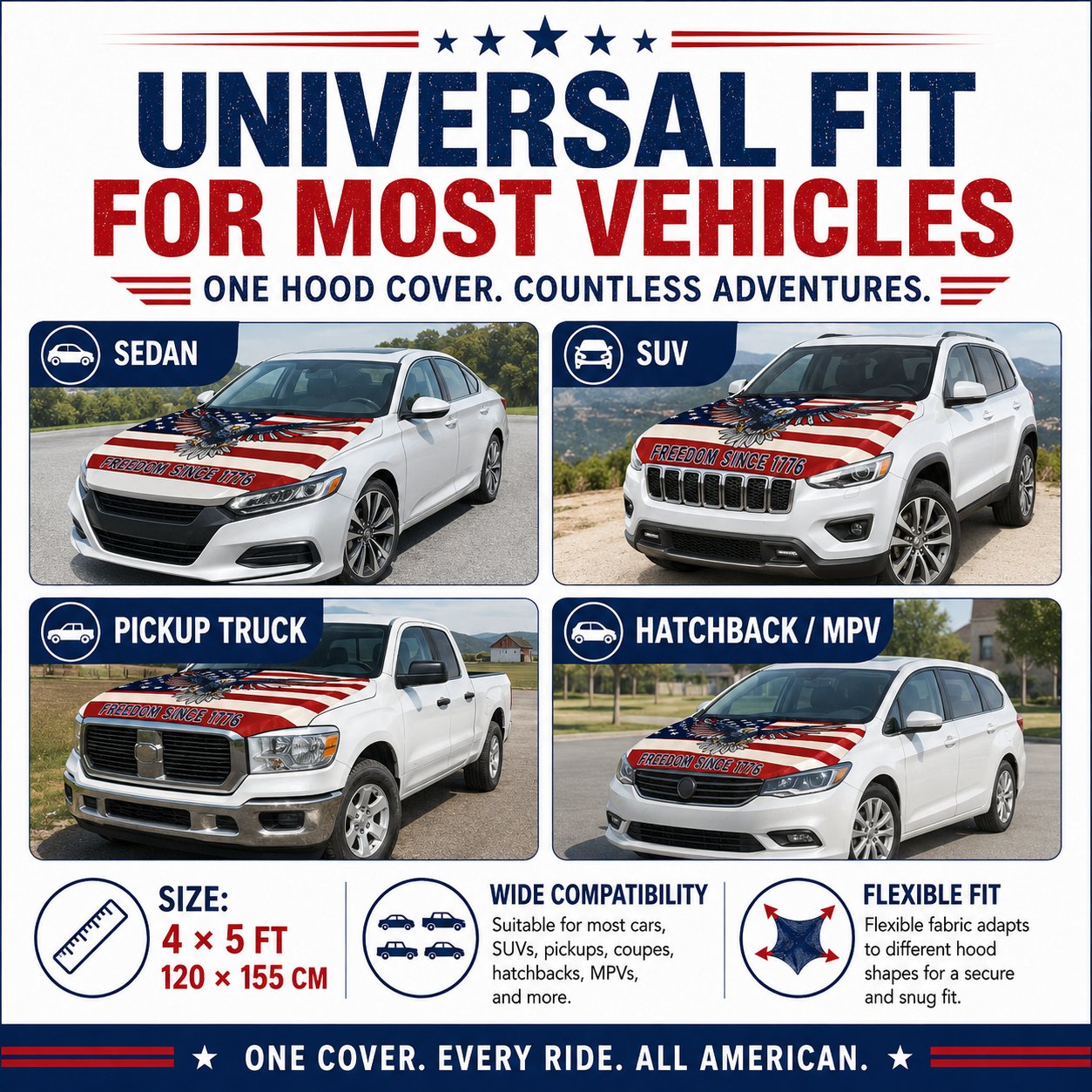 🇺🇸 Universal American Hood Flag Cover - Fits Most Cars, SUVs & Pickups