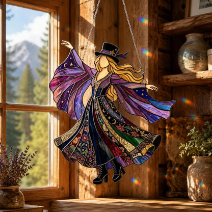 💃 70s Rock Witch🤘 Handmade Stained Glass Spinning Suncatcher