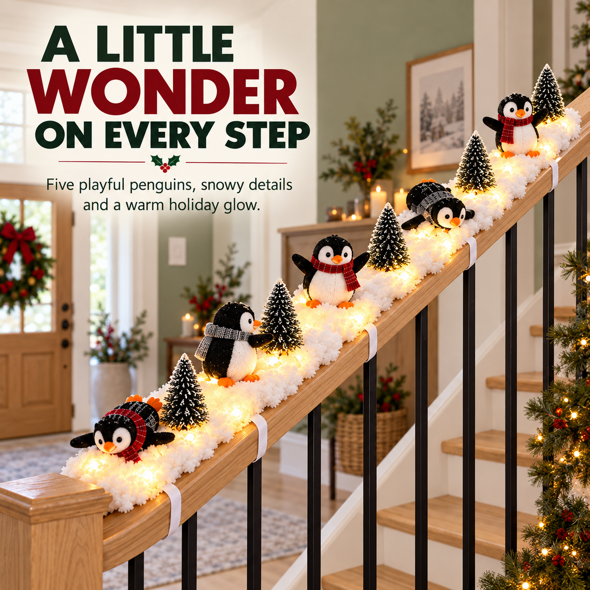 Playful Penguin Snowy Stair Railing Decor
